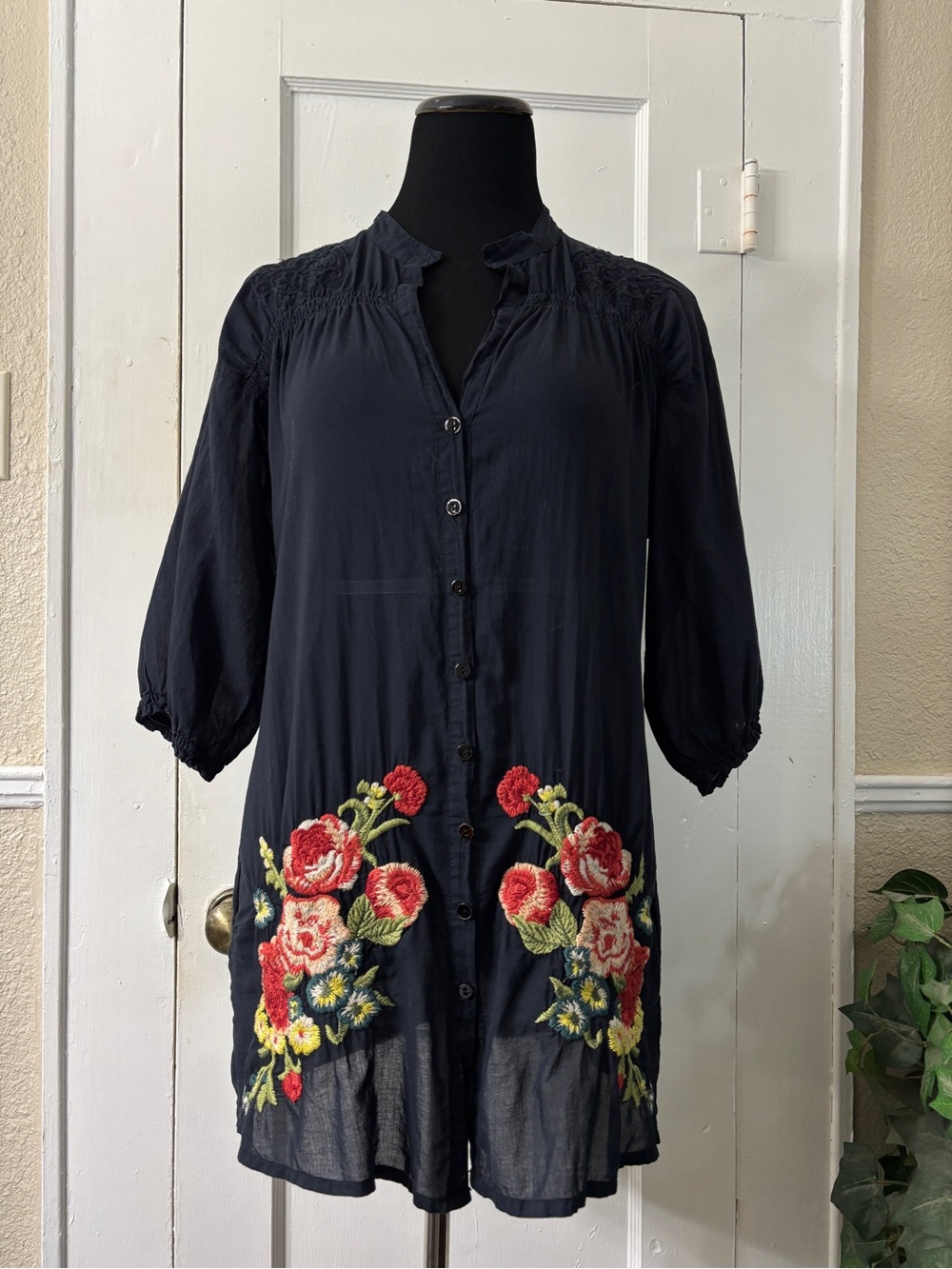 Johnny Was Black Semi-Sheer Button-Front Brightly Floral Embroidery & Pockets